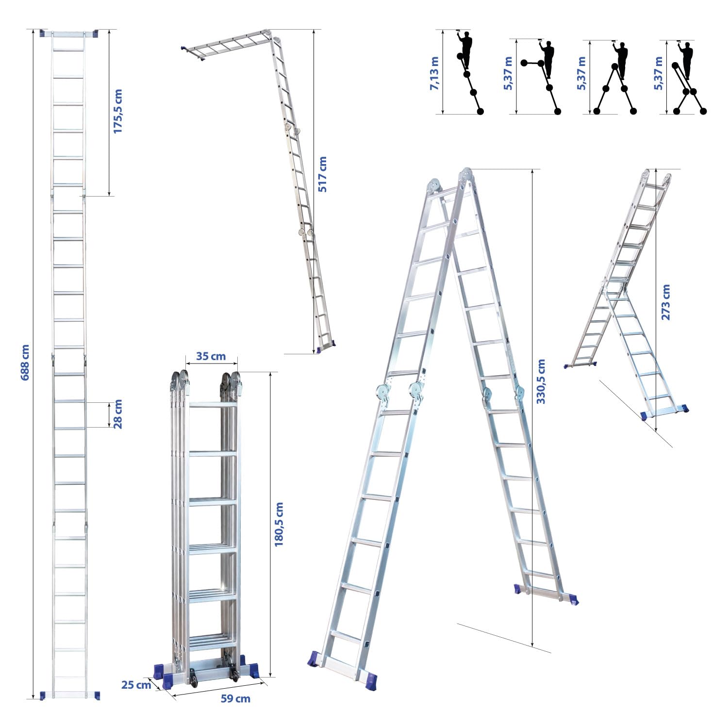 HOSTRÖM Echelle Pliante articulée, Garantie 5 Ans, STAVALANCE4x6, 6,8m, 24 marches, Multifonction, escabeau, Aluminium, H Travail Max 7,13m