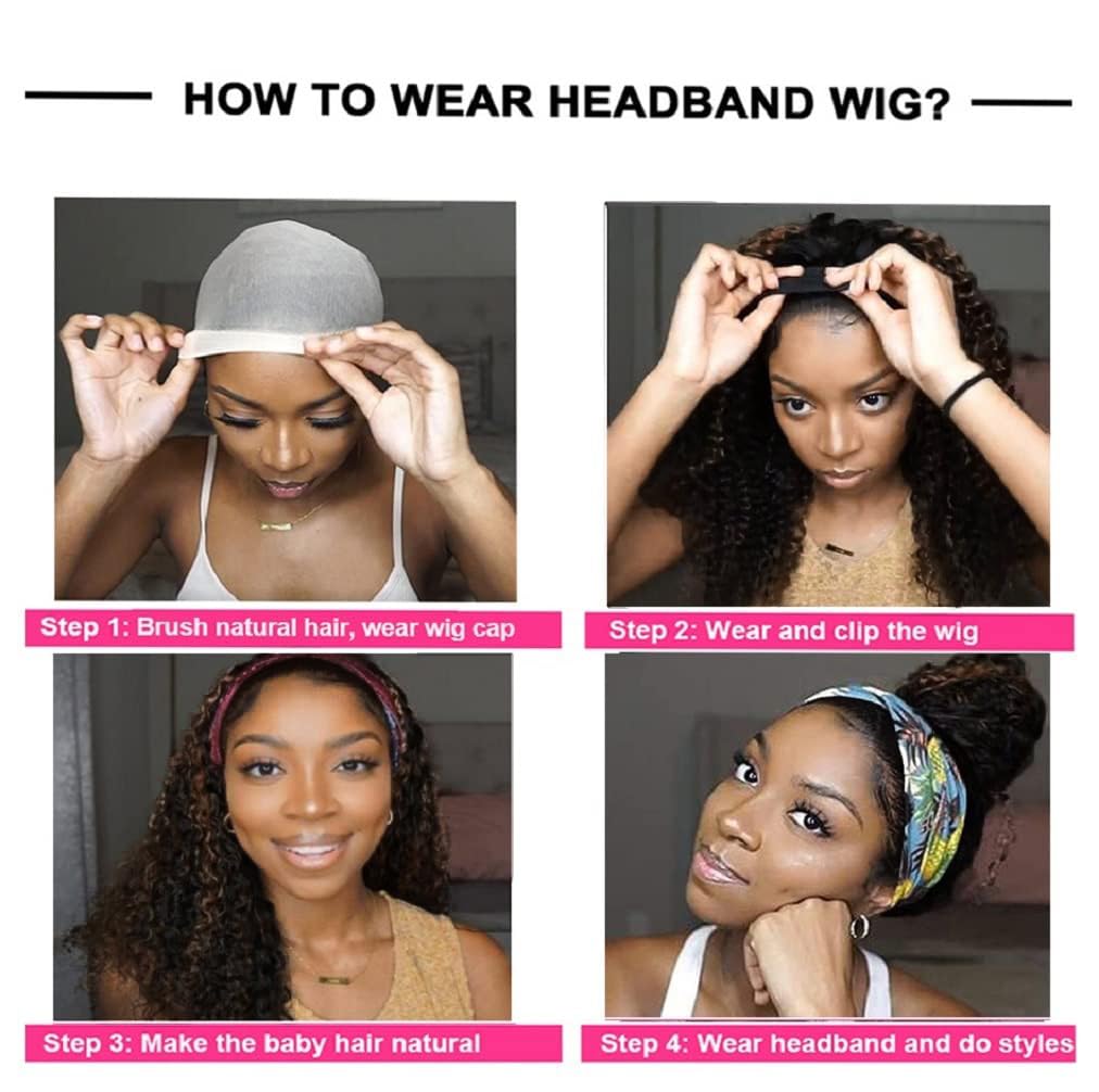 Ombre Deep Wave Headband Wig Human Hair #4/27 Curly Headband Wigs for Black Women Human Hair Glueless None Lace Front Wigs Brazilian Virgin Hair Wig Machine Made 150% Density 12 Inch