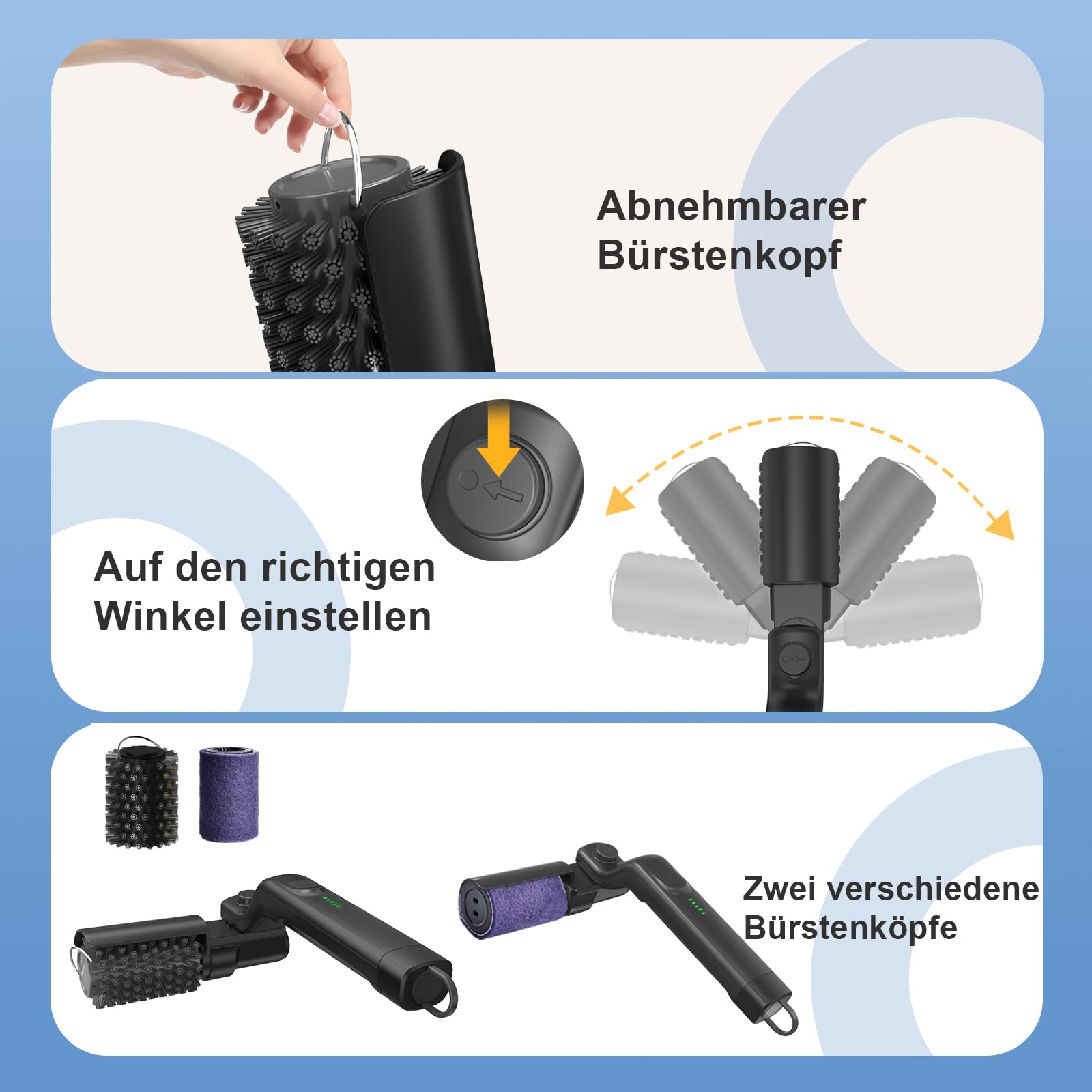 Elektrische Grillbürste Akku mit 180° verstellbarem Winkel, kabellos Wasserdicht Grillreiniger für Holzkohlegrill, Edelstahl Bürstenkopf, 3 Stufen Reinigung, BBQ Zubehör