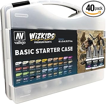 Vallejo - Wizkids Basic Starter Case | Game Color | Premium Acrylic Paint Set for Modeling Painting | Colors and Washes Assortment | 40 bottles x 8 ml (0.27 fl.oz) and a Round Synthetic Brush Included