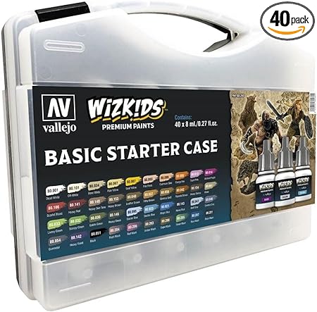 Vallejo - Wizkids Basic Starter Case | Game Color | Premium Acrylic Paint Set for Modeling Painting | Colors and Washes Assortment | 40 bottles x 8 ml (0.27 fl.oz) and a Round Synthetic Brush Included