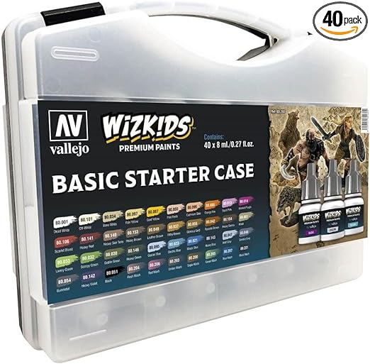 Vallejo - Wizkids Basic Starter Case | Game Color | Premium Acrylic Paint Set for Modeling Painting | Colors and Washes Assortment | 40 bottles x 8 ml (0.27 fl.oz) and a Round Synthetic Brush Included