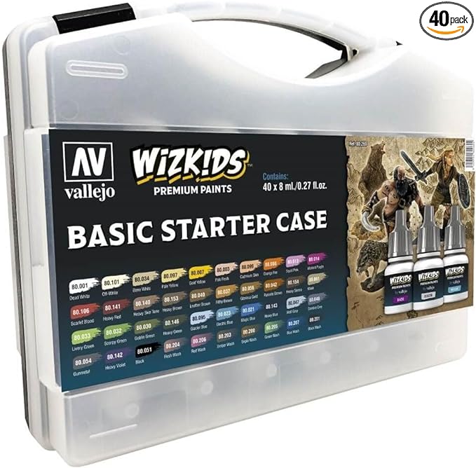 Vallejo - Wizkids Basic Starter Case | Game Color | Premium Acrylic Paint Set for Modeling Painting | Colors and Washes Assortment | 40 bottles x 8 ml (0.27 fl.oz) and a Round Synthetic Brush Included
