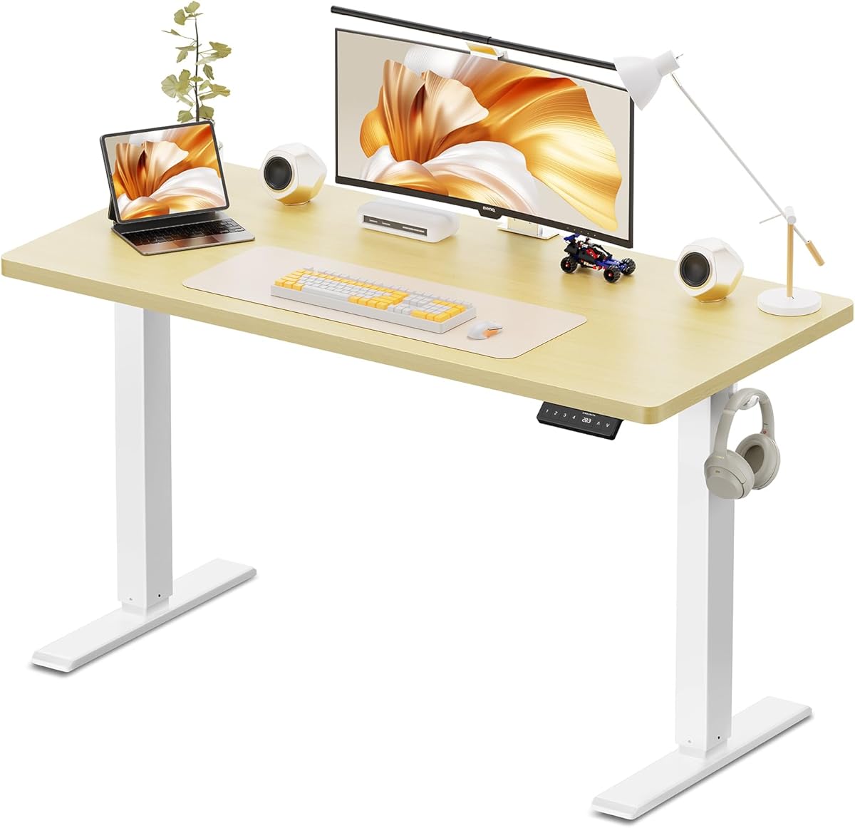 WALKINGDESK 48x24 Inches Height Adjustable Electric Standing Desk with 2 Hooks for Home Office, Ergonomic Sit Stand up Desk with Splice Board, Oak