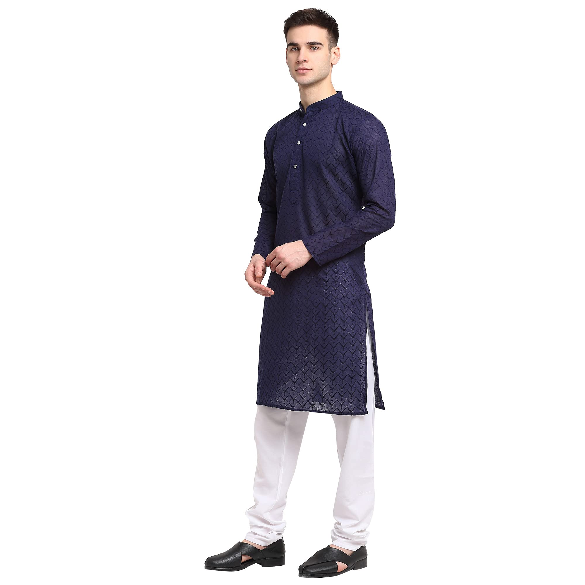 Jompers Men Navy Blue & White Self Design Kurta With Pyjamas (Navy, Xl)