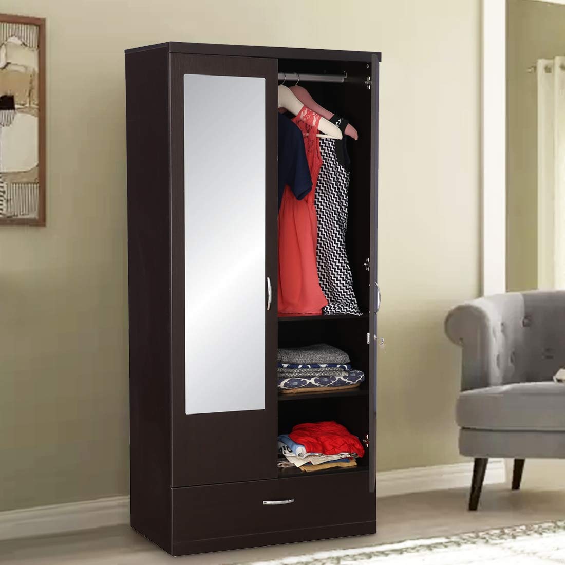 HomeTown Utsav Engineered Wood Two Door Wardrobe in Wenge Colour-image-4