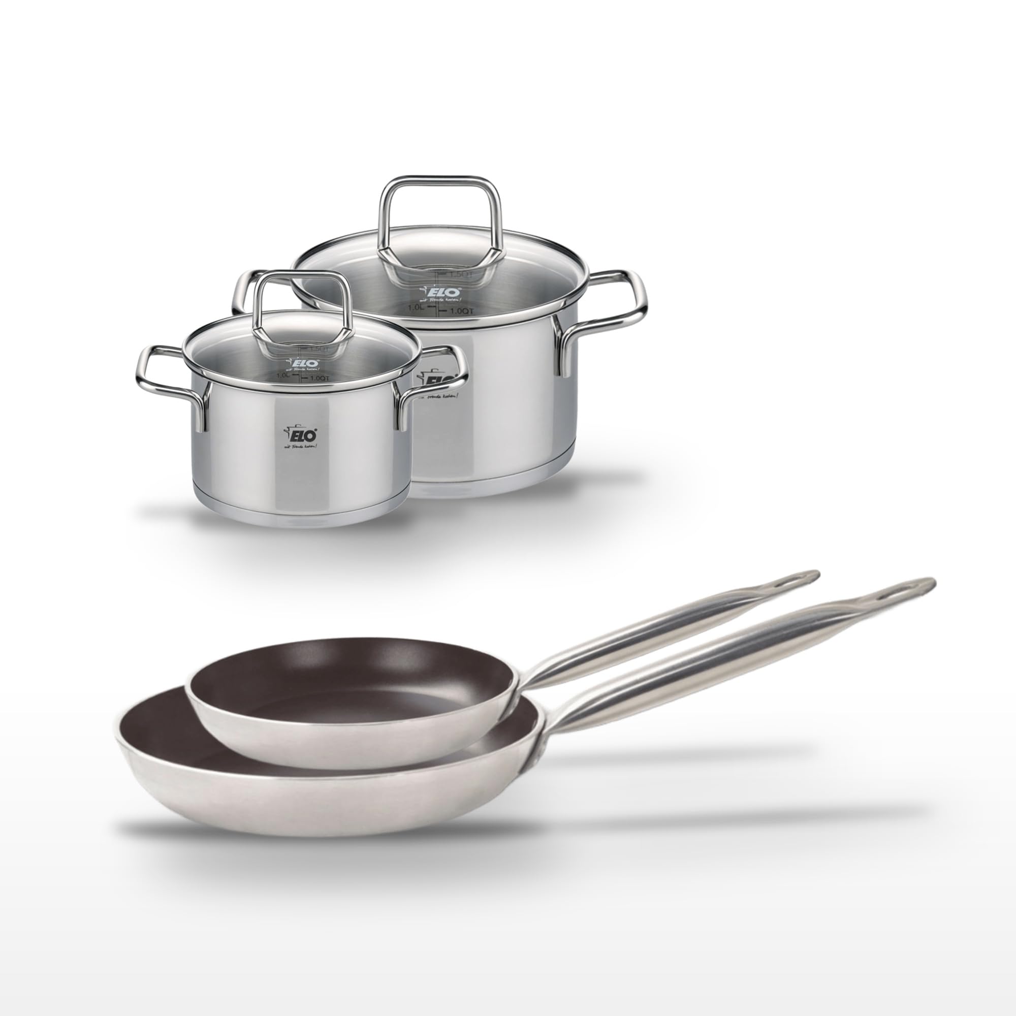 Elo Batterie cuisine 2 poêles 24/28 cm et 2 faitouts 16/20 cm | Lot complet pour équiper vos cuissons, 2 poêles et 2 faitouts, 24 28 16 20 cm, Aluminium inox, Tous feux induction, Sans PFAS