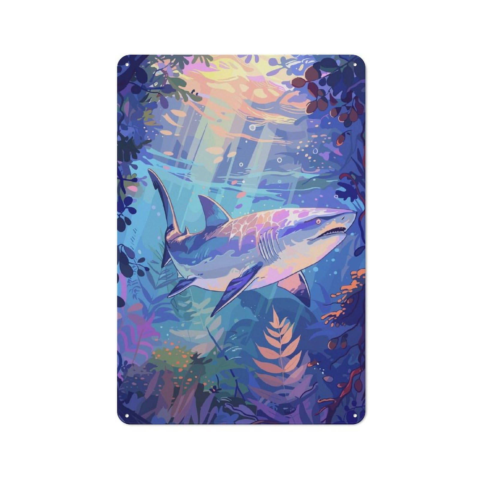 Shark Underwater Art Warehouse Style Metal Wall Decor 30x20cm, Metal Wall Sign for Workspace, Cafe, Hallway Or Garage