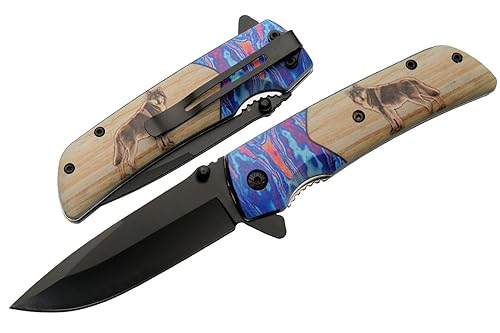 SZCO Supplies Cuchillo plegable al aire libre de 8" Wolf Printed Assisted Open Liner Lock EDC marrón (300564-WF)