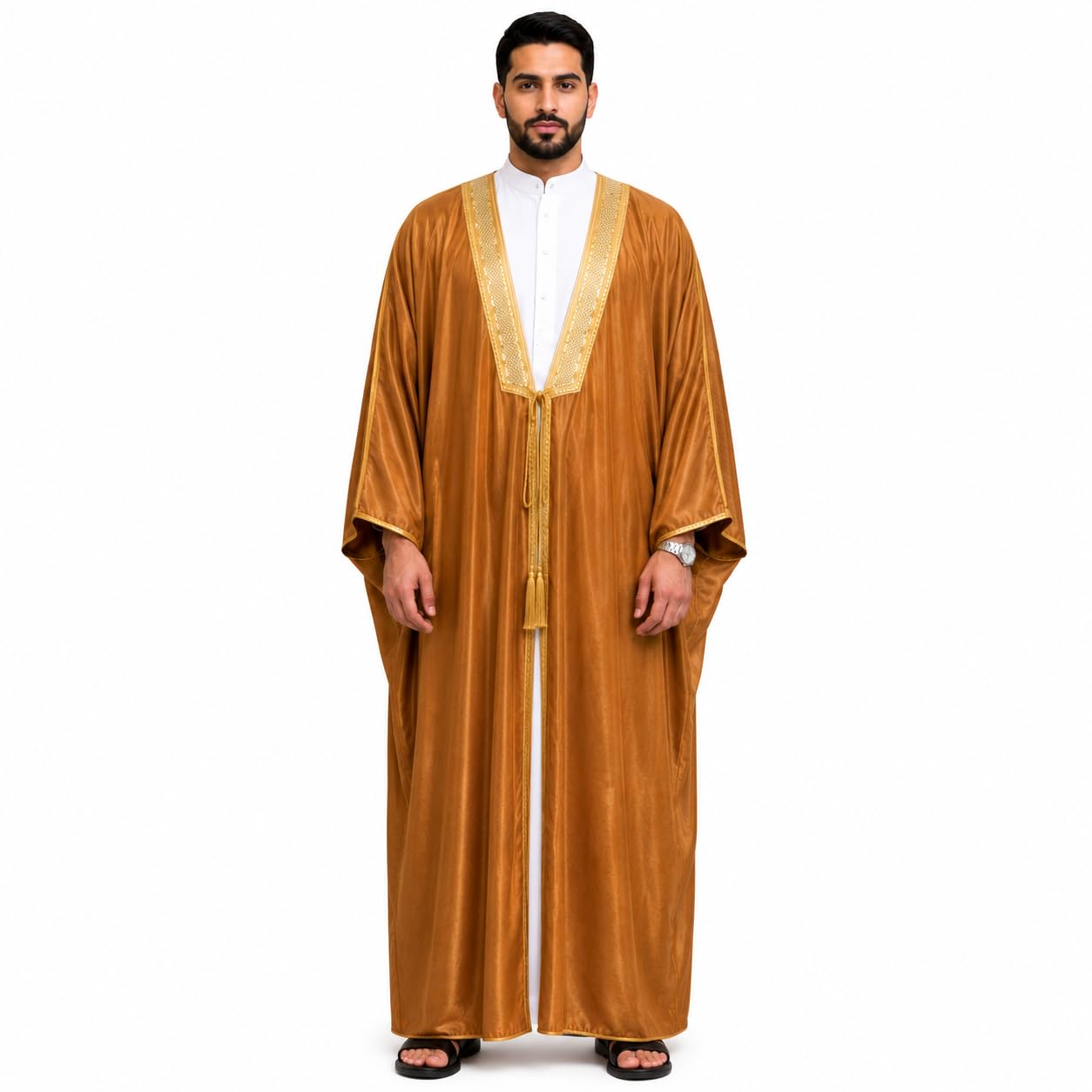 Men's Royal Arabian Bisht Kubba in Satin Fabric with Gold Trim | Traditional Islamic Ceremonial Cloak | Wedding & Eid Wear-image-5