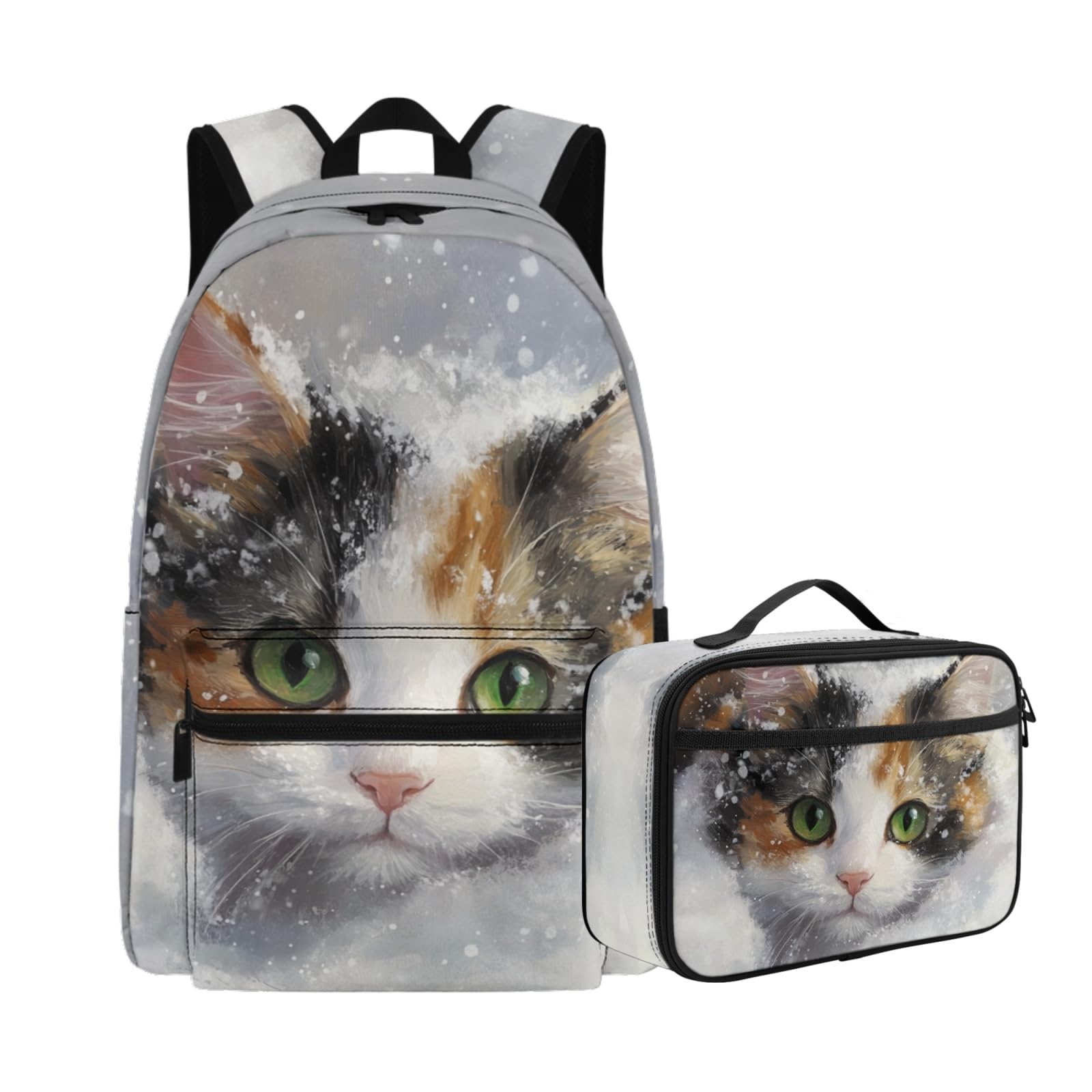 Cumagical Calico Cat Print Kids Lunch Bag & Backpack Combo Shoulder Pads Multi-Pocket for Elementary Kids