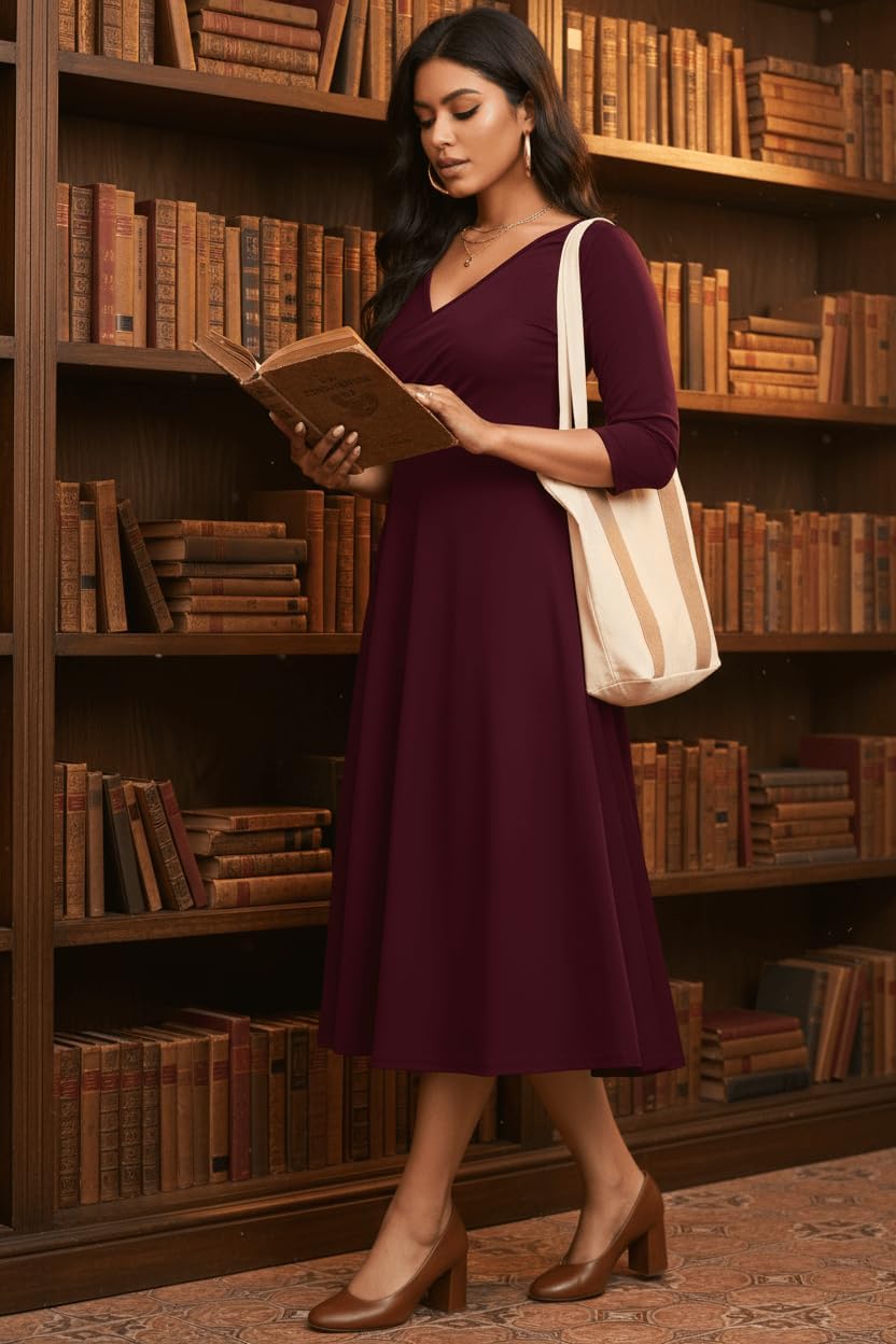 Nmoder Women's Casual Wrap Flared Midi Dress Wedding Guest Cocktail Tea Dresses A-Line Swing V-Neck 3/4 Sleeve - Image 2