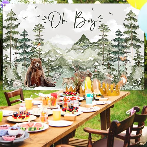 Image of Avezano Oh Boy Backdrop Forest Adventure Baby Shower Photography Background Mountain Wilderness Woodland Baby Shower Decorations Watercolor Greenery Forest Party Photoshoot Banner (7 x 5 ft)