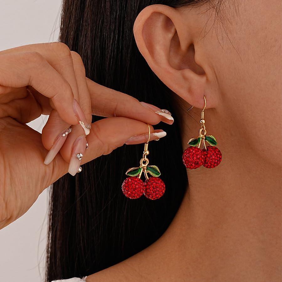 Kawaii Cherry Fruit Earrings for Women Simulated Fruit 3d Cute Cherry Dangle Earrings for Woman Fashion Trendy Red CZ Drop Earring - Image 2