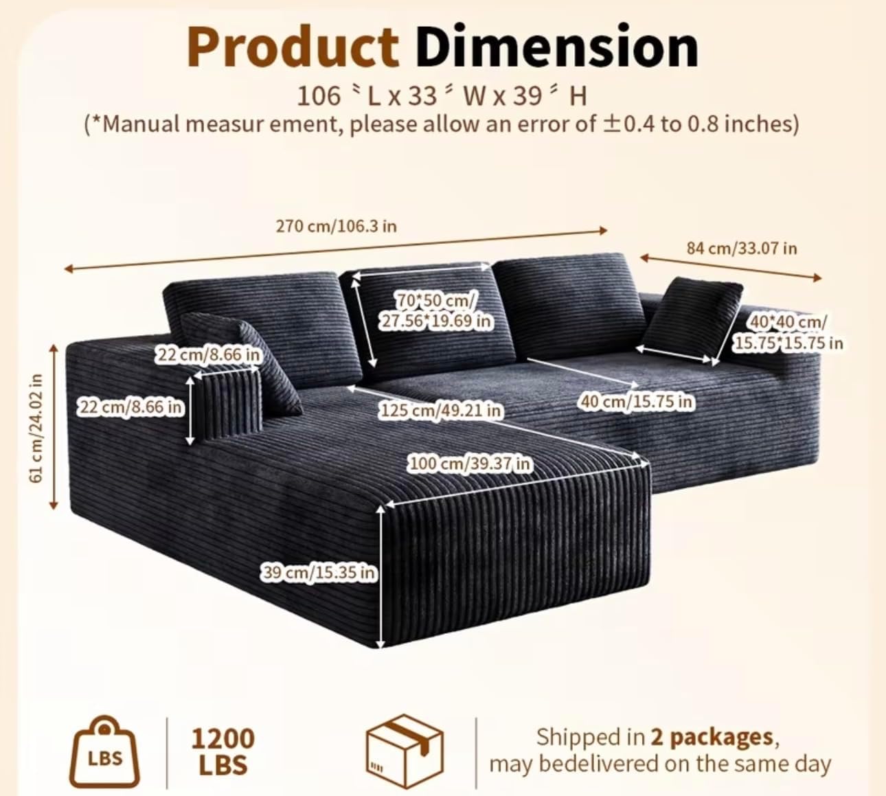 Extra Large L-Shaped Sectional Sofa Modular Plush Cloud Couch with Right Chaise - No-Tools Assembly Foam Frame, Soft Corduroy Upholstery (Grey Left Side)