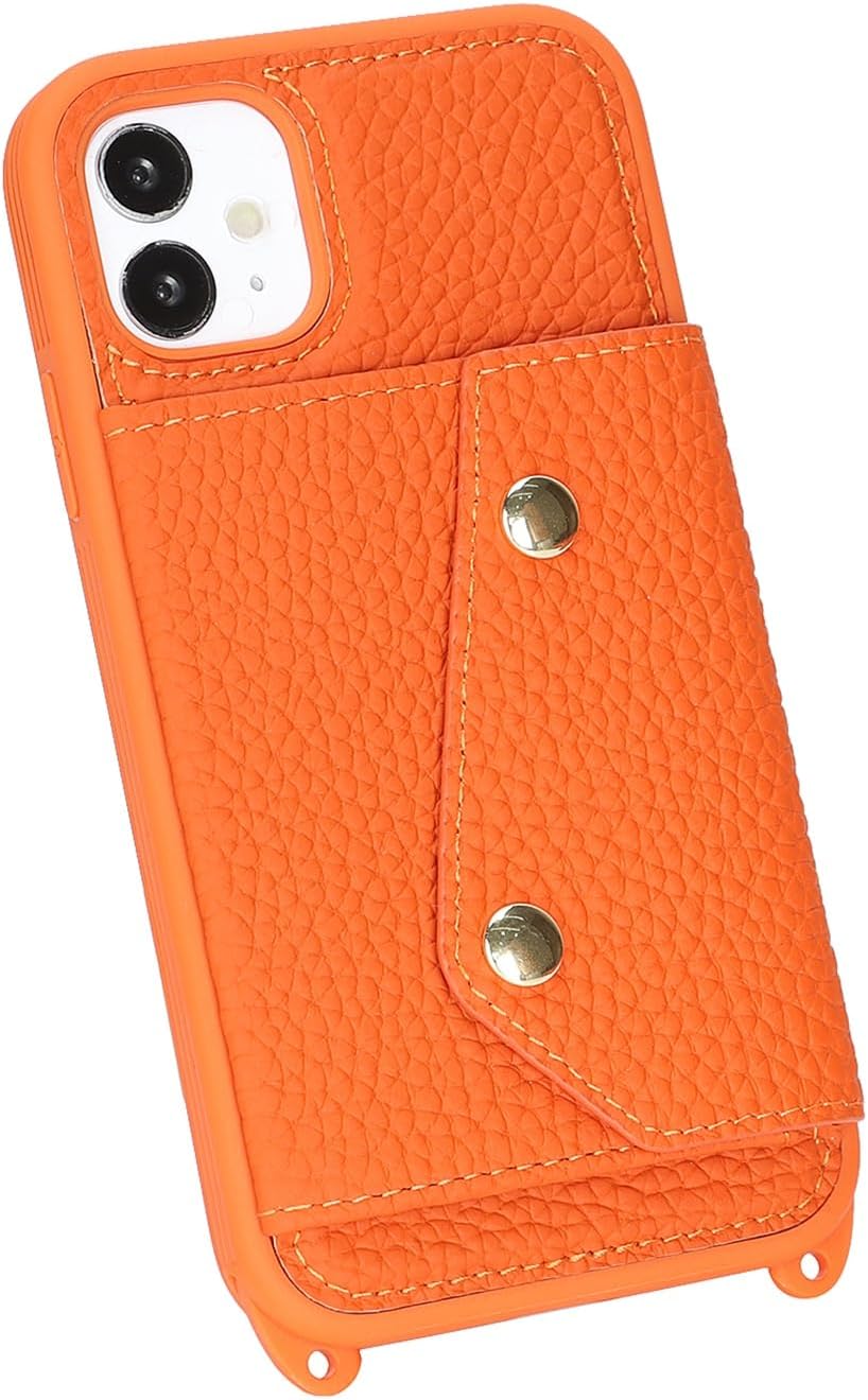 Jaorty Genuine Leather Wallet Case for iPhone 11, Necklace Lanyard Case Cover with Card Holder & Cash Pocket for Women Girls,Magnetic Snap,Anti-Lost Shoulber Strap 6.1 inch,Orange