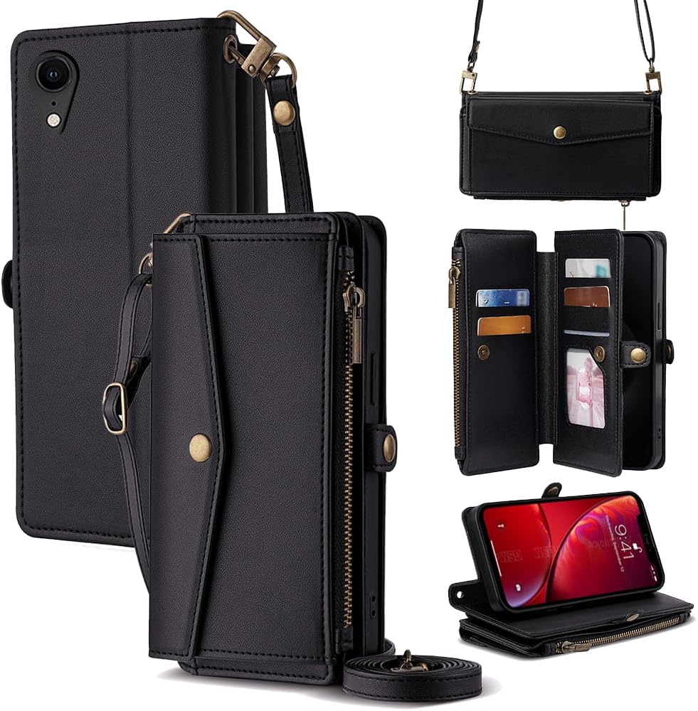 for iPhone Folio Wallet Phone Case for iPhone XR Cash and Card Storage Adjustable Convertible Strap for Shoulder Crossbody Hand Carry