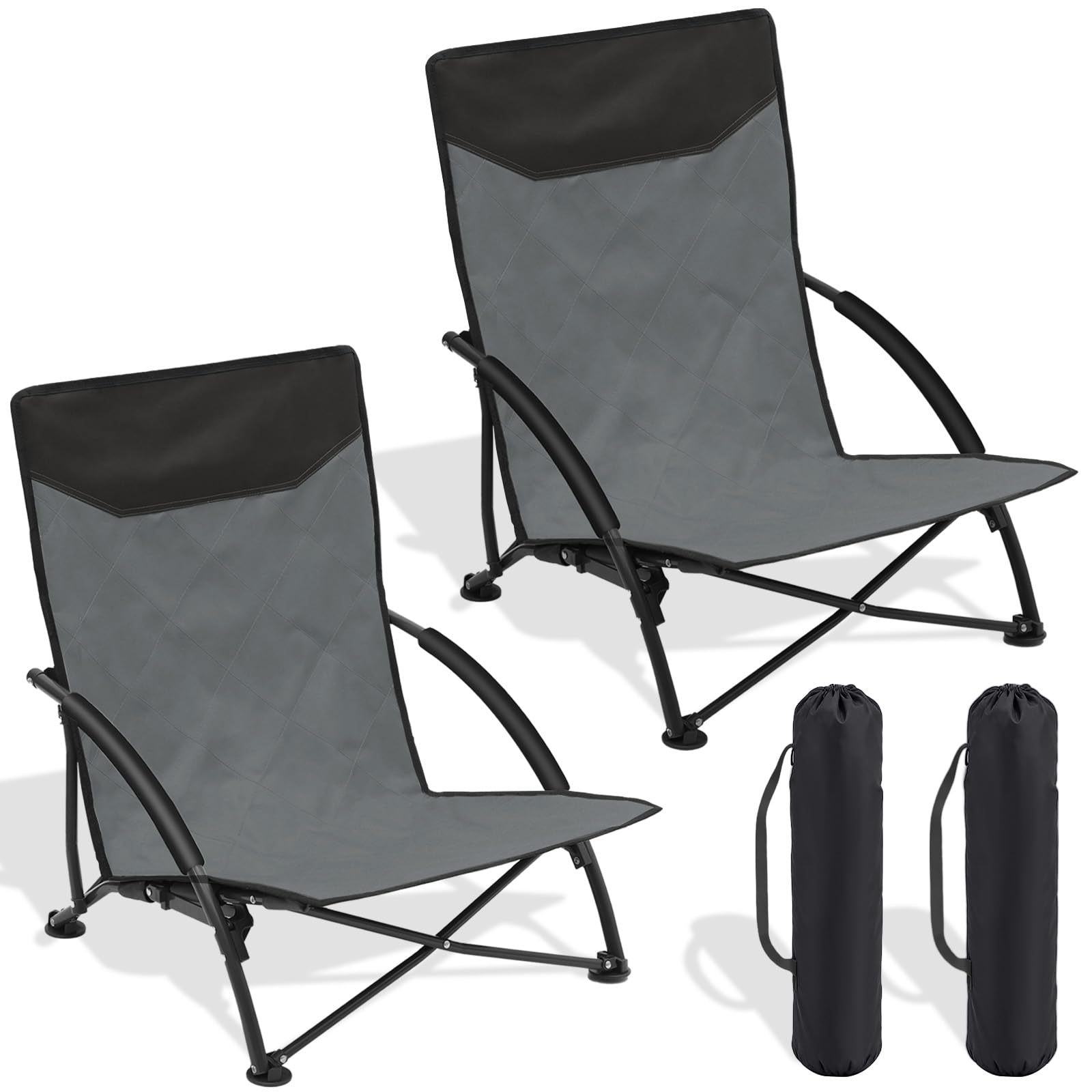 Sekey 2er Set Strandstuhl Klappbar Leicht mit Niedrigen Beinen & Gepolsterten Armlehnen - Faltbarer Outdoor Campingstuhl für Strand Angeln Garten Grau