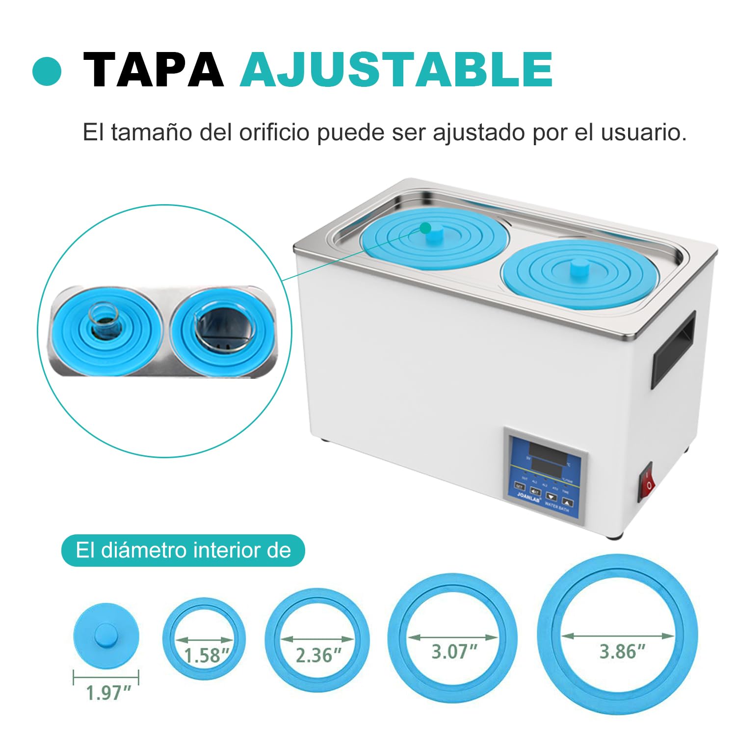 JOANLAB Baño María Laboratorio 6L, 600W - Doble Abertura, Acero Inoxidable - Termostato Digital ±0,1°C - Temporizador 0-99 Min - Pantalla LED