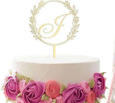 Gold Letter Cake Topper Personalized Wreath Initial Letter Cake Topper Acrylic Cake Toppers Cake Decor Wedding Anniversary Birthday Party Cake Decoration Supplies J