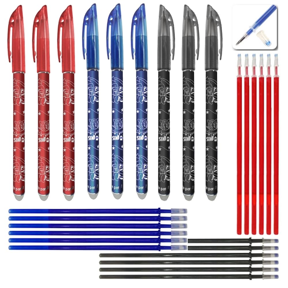 SEND UP Set de 9 Bolígrafos Borrables (3 Azul, 3 Negro, 3 Rojo) + 18 Recambios (6 Azul, 6 Negro, 6 Rojo) – Punta 0,5mm – Tinta Termosensible – Ideal Escuela, Tela y Piel – Regalo