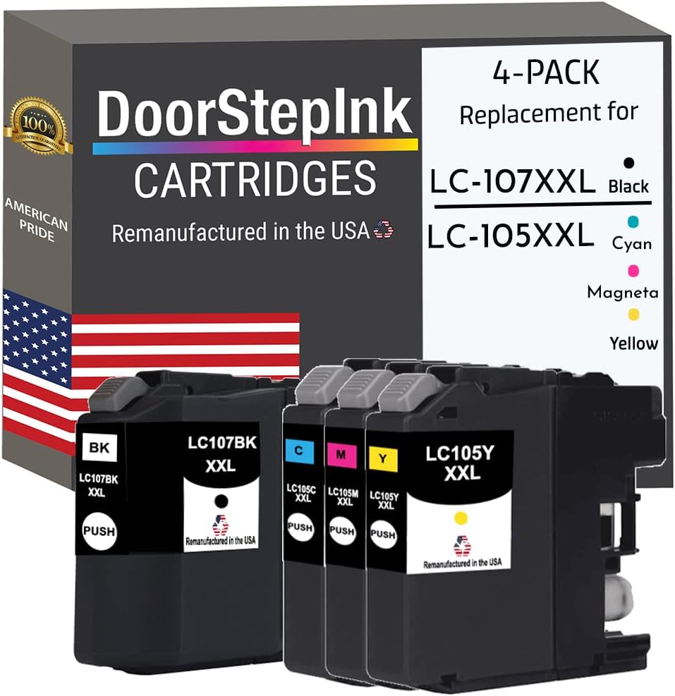 DoorStepInk LC107XXL Black & LC105XXL Cyan, Magenta, Yellow Remanufactured Ink Cartridge Replacement for Brother LC107XXL/LC105XXL - Compatible with MFC-J4410DW/J4510DW/J4610DW - High Yield 4-Pack