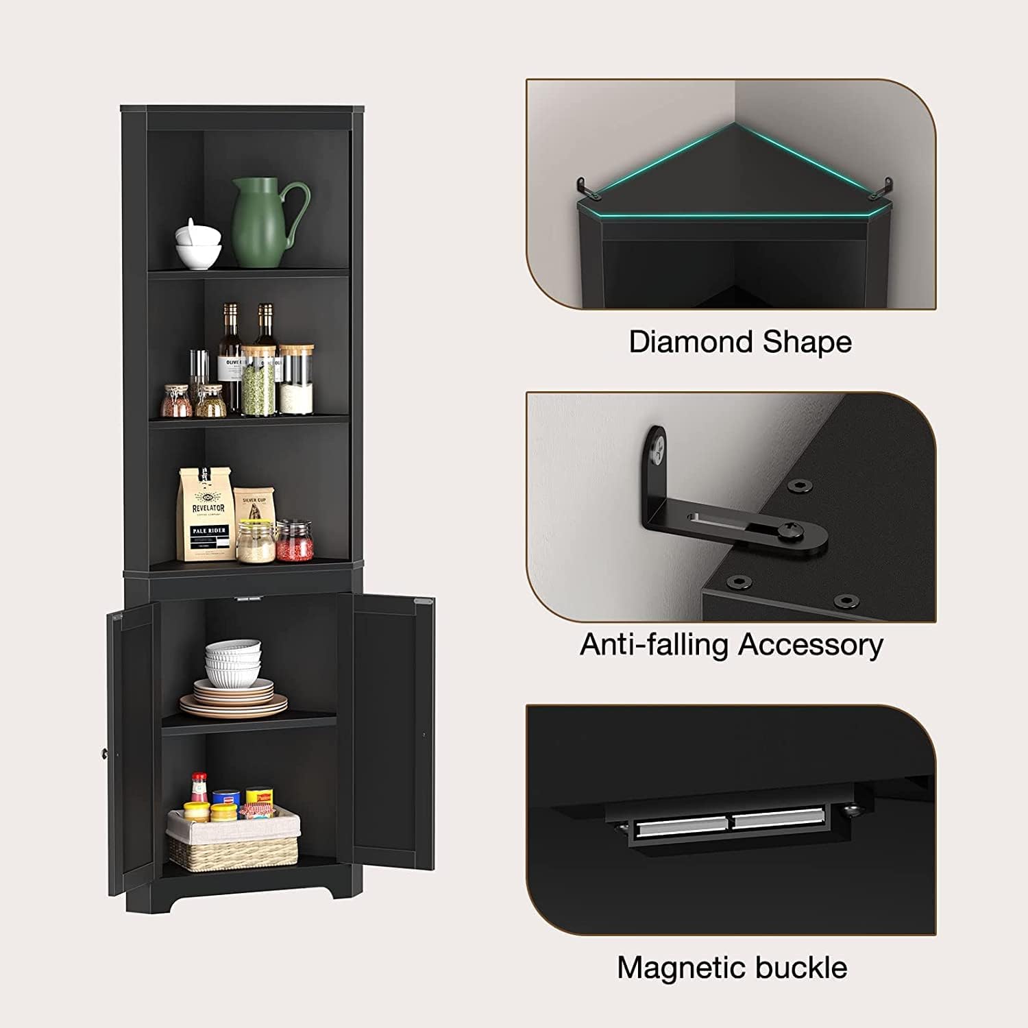 Rolanstar Corner Shelf with LED Light, 5-Tier Corner Cabinet with Doors, Black Corner Bookshelf 66.9" Tall Corner Stand Display Storage Rack for Living Room,Home Office,Kitchen,Bar,Small Space