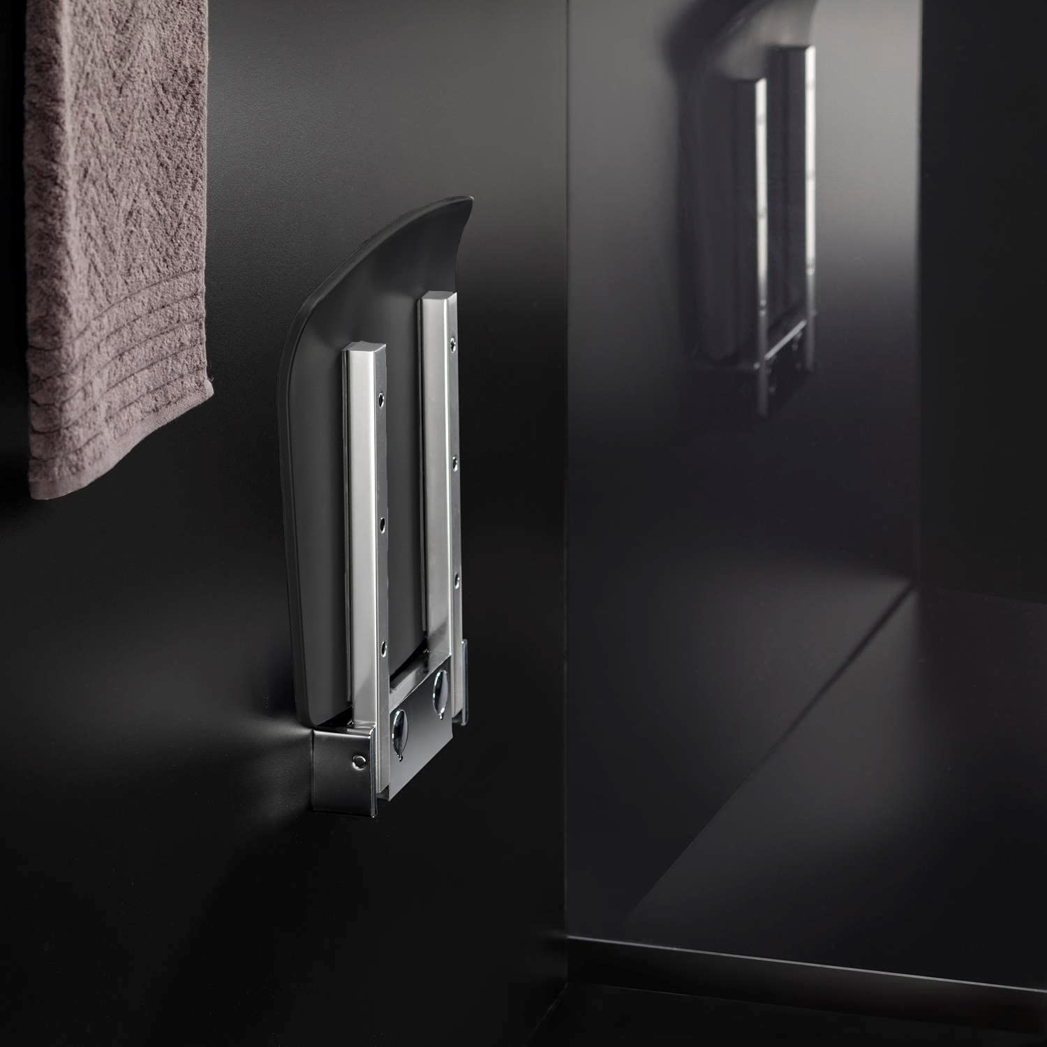 COSMIC - Asiento Ducha Plegable Baño | Acabado Negro | Fácil Instalación con Tornillos | Medidas 37,2 x 37,7 x 6,5 cm