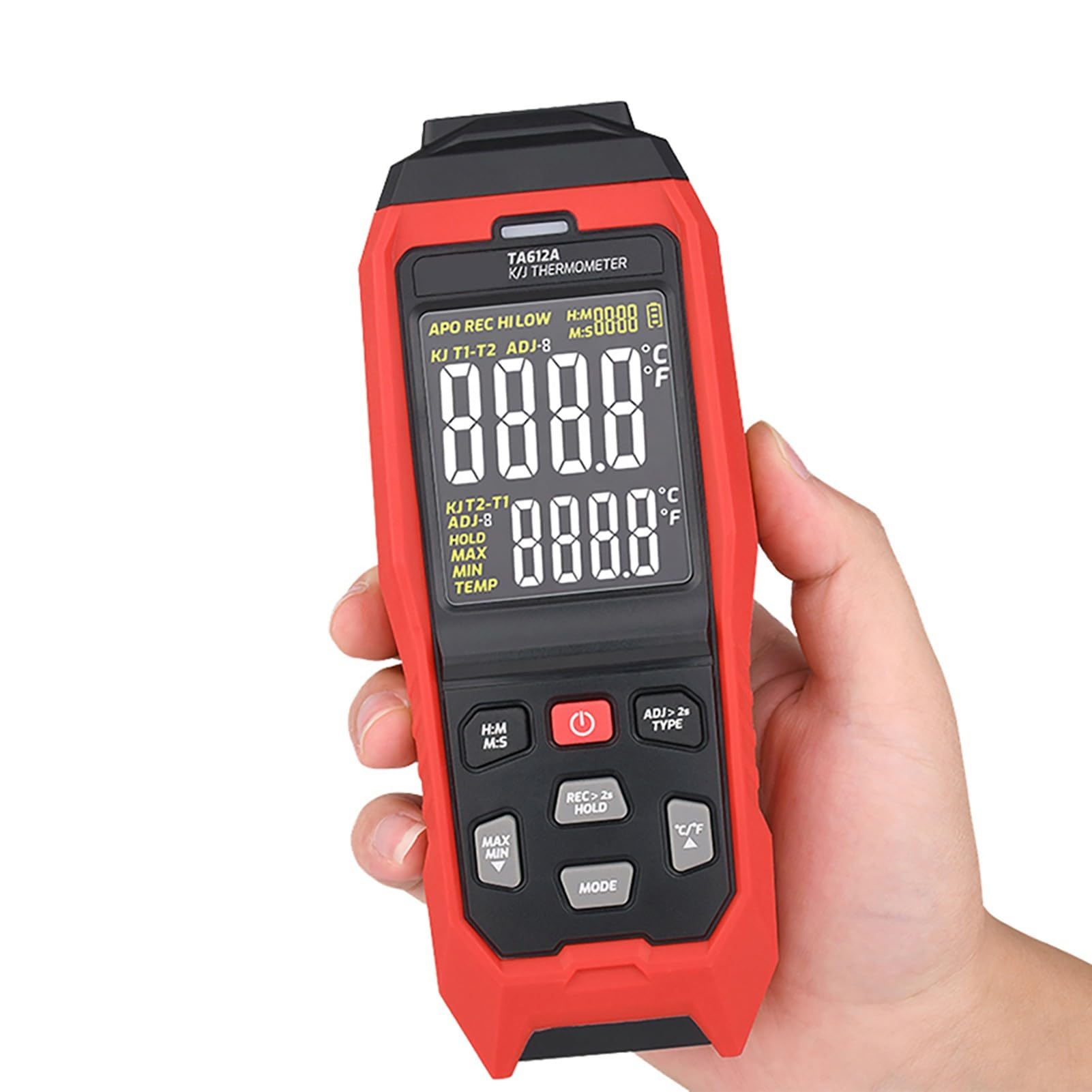Digitales Thermometer Typ K/J mit Farbdisplay, -200 bis 1372 °C Bereich, Datenspeicherung und Alarm, USB-Upload, tragbar für industrielle Labortests +