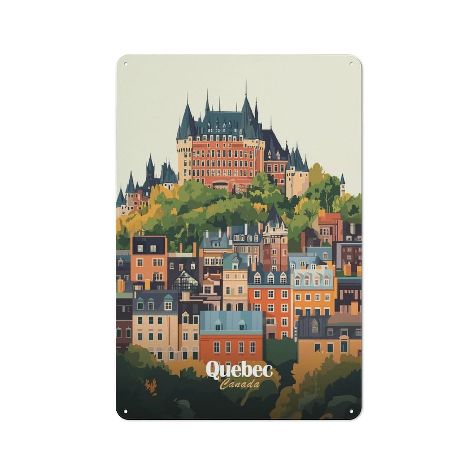 Junmoney Style-4 Quebec City Skyline Tin Wall Plaque 30X20cm, Barn Style Rustic Kitchen Decor For Farmhouse Kitchen, Pantry Or Dining Area