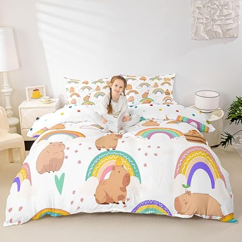 Miniatura 2 de Funda de edredón tamaño individual arcoíris para niñas, funda de edredón de dibujos animados Capybara para niños, regalos para amantes de Capybara,