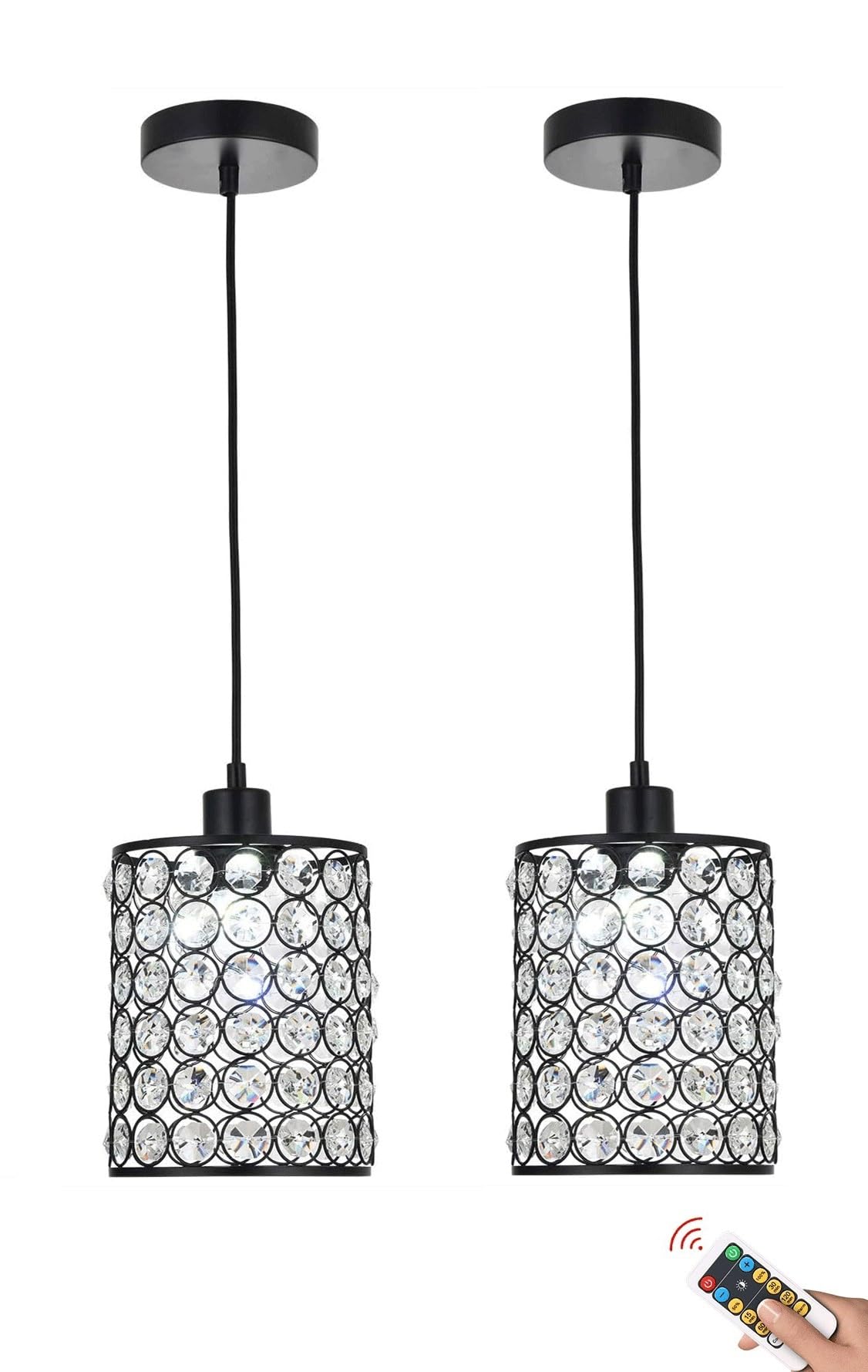 LYMSXAZOU Wireless Rechargeable Crystal Chandelier Pendant Light with Remote Control Battery Operated Cordless Hanging Lamp for Kitchen Island and Dining Table