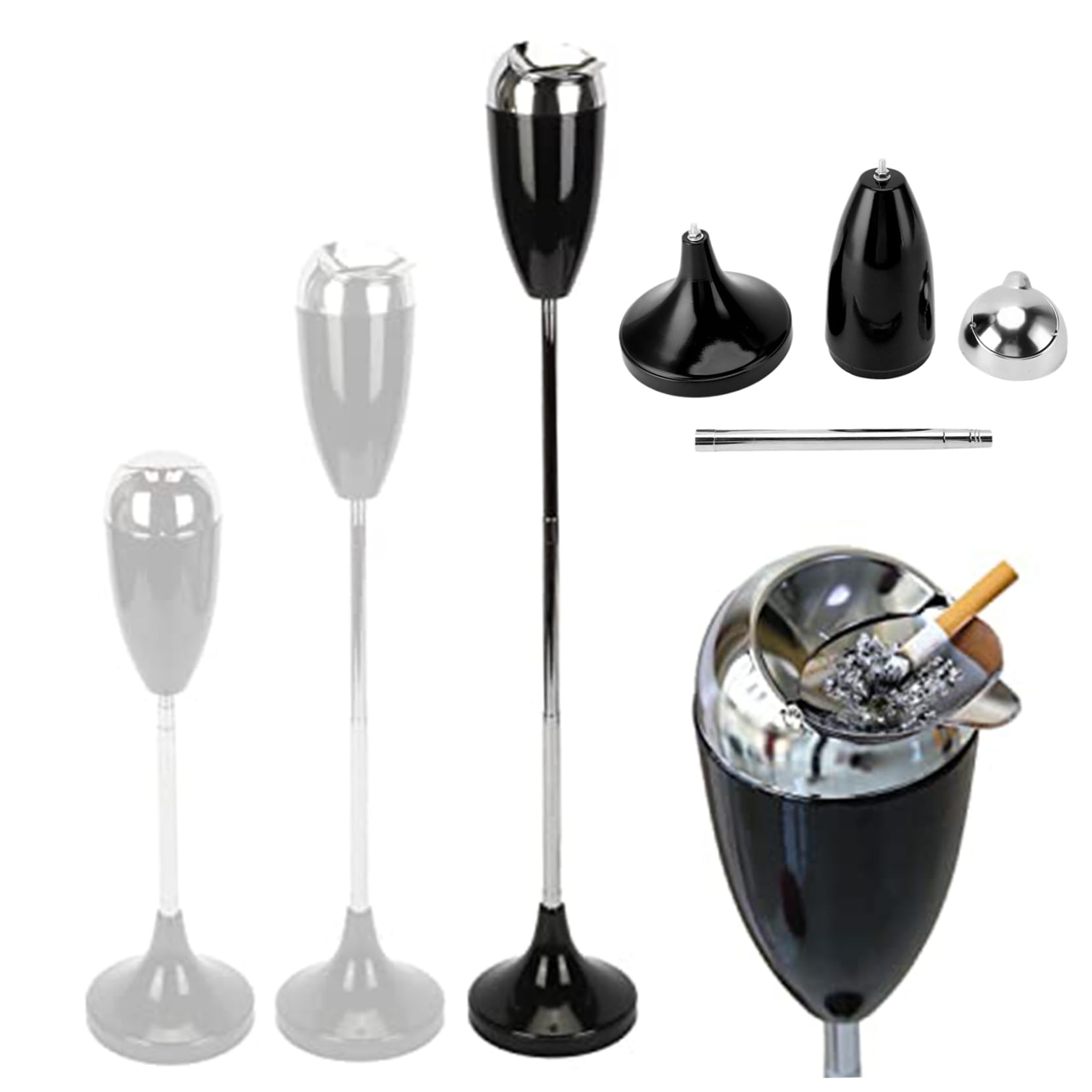 Hbbgdiy Adjustable Height Extendable 58–95cm Standing Outdoor Ashtray with Lid, Large Creative Metal Pedestal Ashtray for Patios, Balconies, Hotels & Home Entrances Black