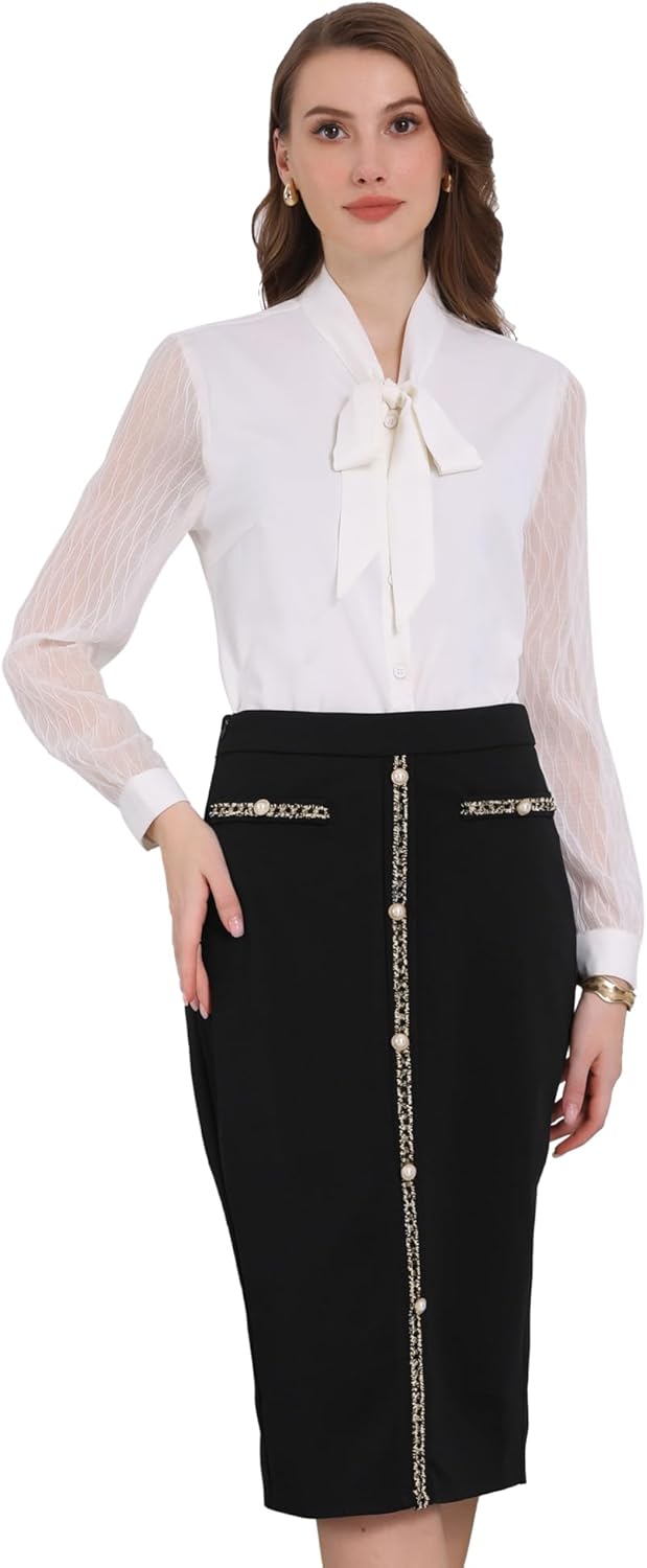 Women's Pencil Skirt High Waist Tweed Trim Stretchy Office Work Bodycon Midi Skirts