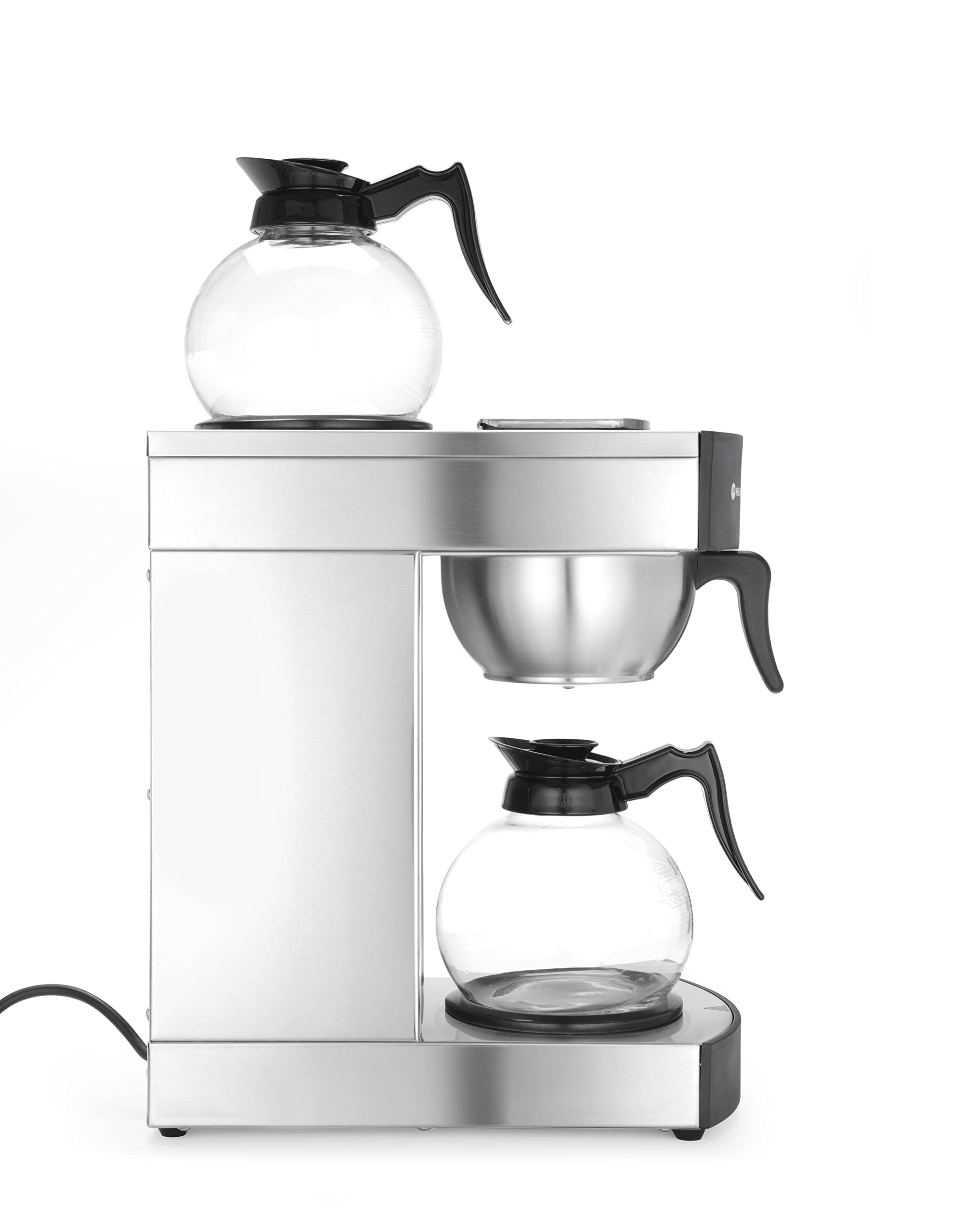 HENDI Cafetera de goteo, eléctrica, para café molido de filtro, incluye 100 filtros de papel y 2 jarras de vidrio de 1,8L, cafetera de filtro, 230V, 1400W, 383x220x(H) 465mm, acero inoxidable