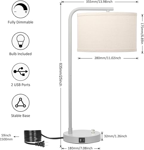 Miniatura 3 de Lámpara de mesa con puertos USB C+A, lámpara de mesita de noche totalmente regulable para sala de estar, lámpara de noche gris moderna, lámpara de