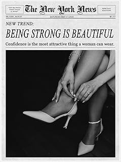 Vintage Black and White New York Newspaper Canvas Wall Art –BEING STRONG IS BEAUTIFUL - Inspirational Aesthetic Posters Decor for Bedroom, Dorm, or Office 11x14in Unframed