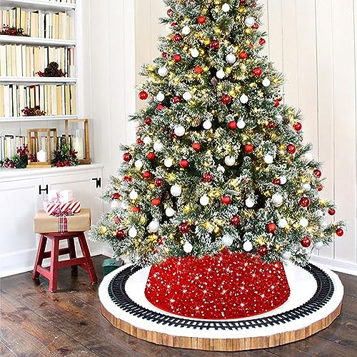 FANPROMS Christmas Tree Collars for Artificial Trees 23.6 Inch Diameter Base Red Sequin Tree Skirt Modern Glitter Tree Ring for Halloween Xmas Embroidered Tree Base Cover for Birthday Party Supplies by FANPROMS - Image 6