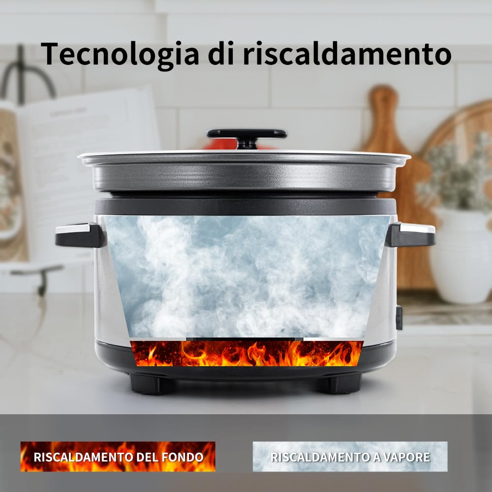 Olla de cocción lenta programable de 5L con temporizador, olla eléctrica multi-cocción 4 en 1,COCCIÓN LENTA ALTA/COCCIÓN LENTA BAJA/ARROZ BLANCO/CIERRE AL VAPOR/AGITAR/ALARMA/DELAY