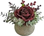 Artificial Flowers Kit with Pot, Combination of Fake Silk Burgundy Red Roses and Greenery,Small Plant Potted Decor for Offices,Bookshelf,Bedroom, Living Room,Party,Wedding Decorations…