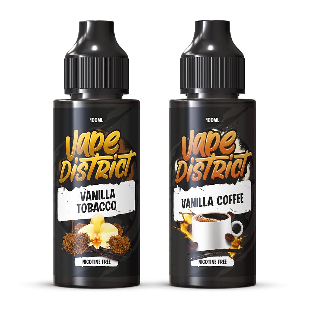 Vape District Vape Liquids 2 x 100ml Vanilla Tobacco + Vanilla Coffee Flavoured Ecig Juice E Liquid Nicotine Free 70VG/30PG E Cigarette Sub Ohm E Juice Short Fill