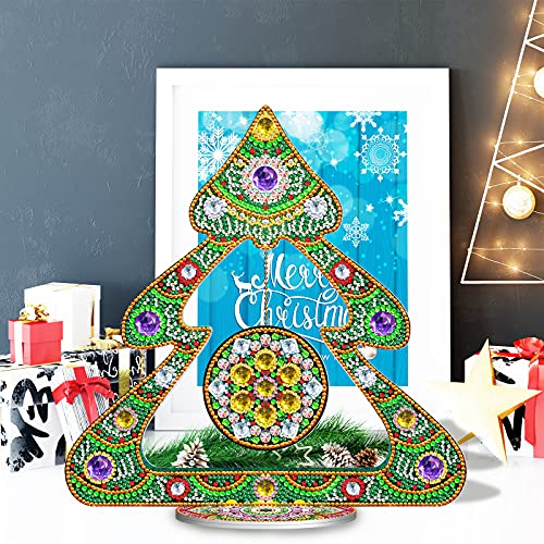 Image of AiYuanzsh Christmas Tree Diamond Art Tabletop Ornament with Hanging Charm, Acrylic Diamond Painting Desktop Decoration Kit, Large DIY Holiday Diamond Art Crafts 11.42 x 11.61 inch