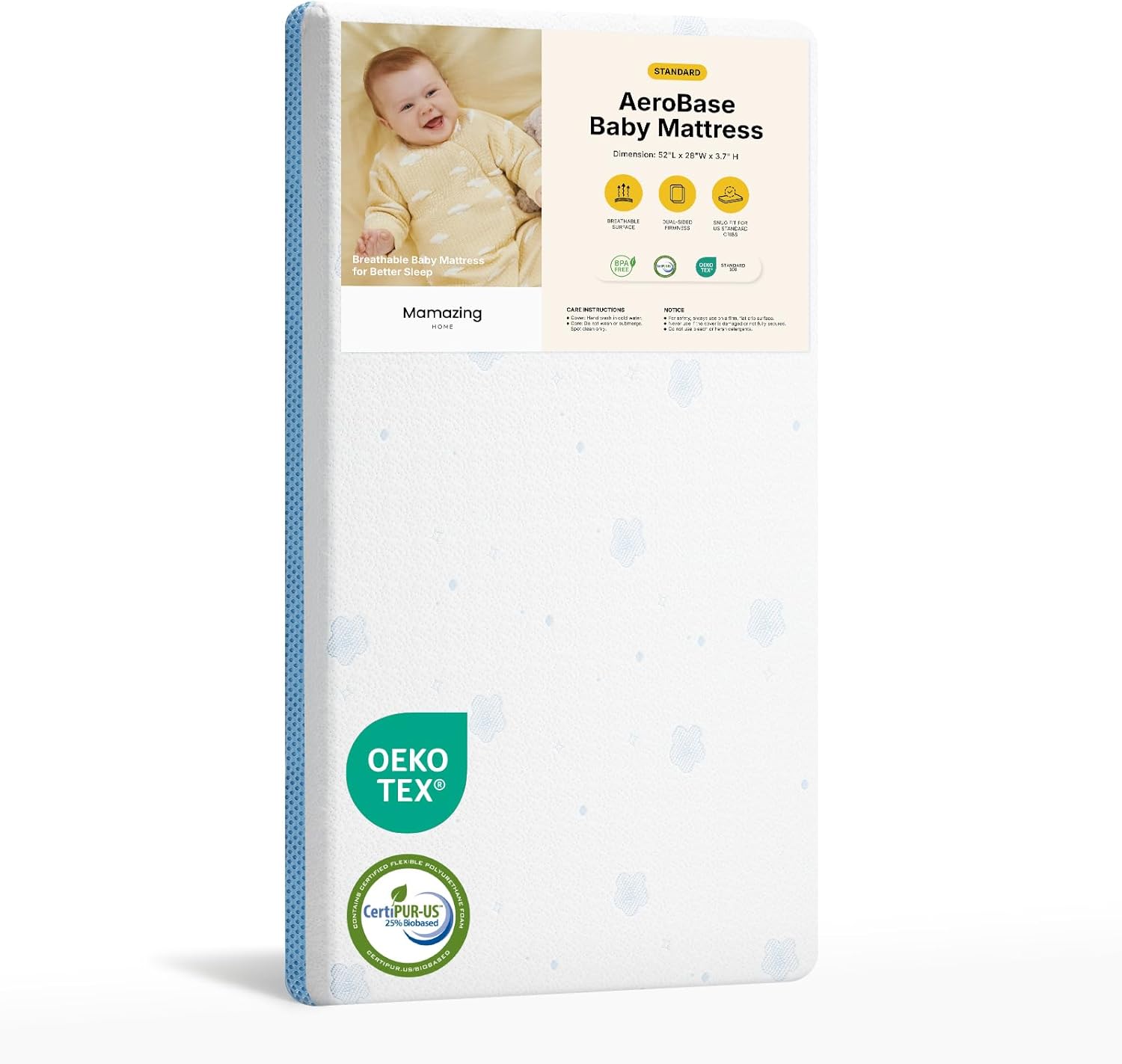 MAMAZING Crib and Toddler Mattress, 2-Stage Breathable Mattress, Non-Toxic, Waterproof Sleep Surface, Machine-Washable Outer Cover for Easy Care, Fits Any Standard Full Size Baby Crib & Toddler Bed Standard 52 x 28 - Image 1 of 9