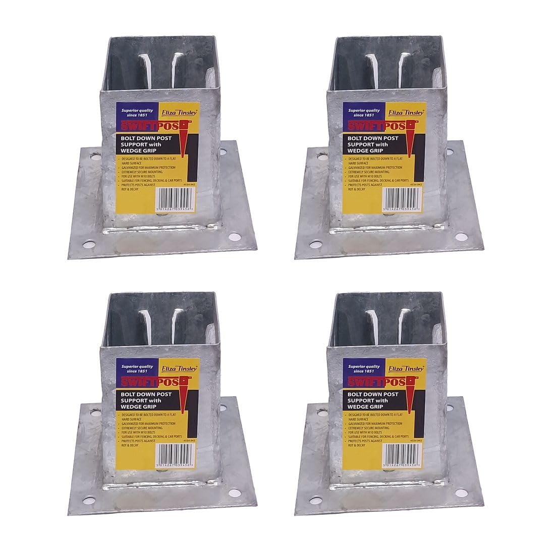 4 x Fence Post Holder 100mm posts Support Bolt Down Shoe Anchor Wedge Grip Galvanised for 100mm x 100mm posts (4") Eliza Tinsley Swiftpost, Pack of 4