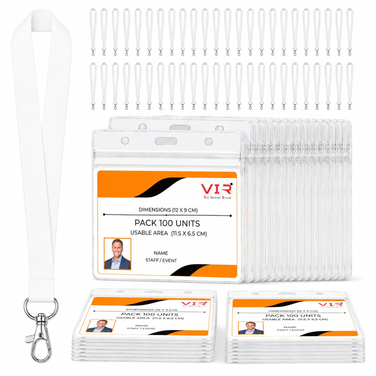 Set 100 Lanyard Bianchi + 100 Porta Badge Orizzontali 12 x 9 cm | Poliestere 2 cm x 46 cm, gancio metallico 4 cm, PVC trasparente, apertura superiore, lettura RFID e QR senza estrarre la tess