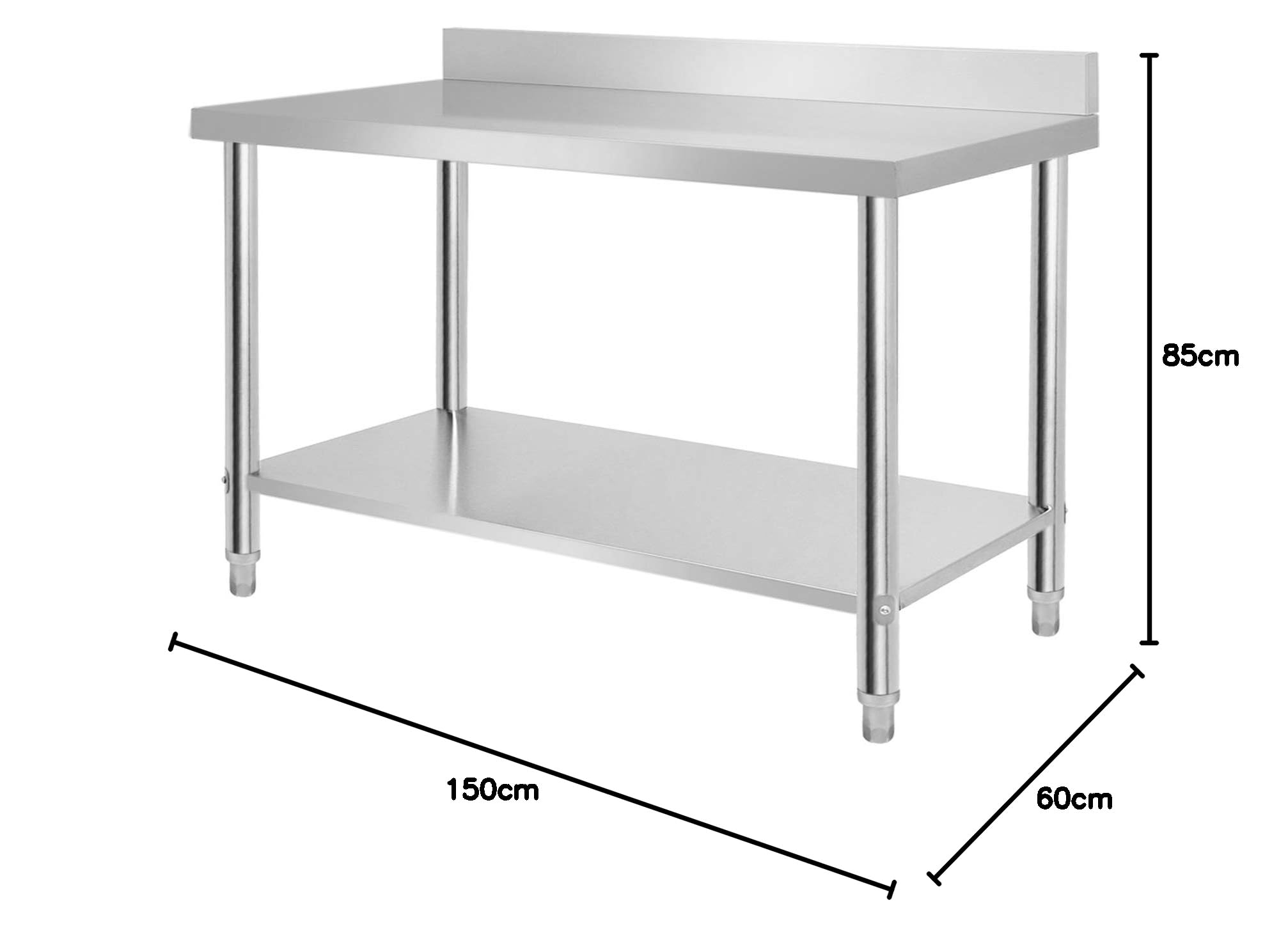 HENGMEI Mesa de Trabajo de Acero Inoxidable Mesa de preparación de Alimentos de Gastro ara Cocina Comercial Restaurante Pub y Garaje, 150x50x85cm con Protector contra Salpicaduras