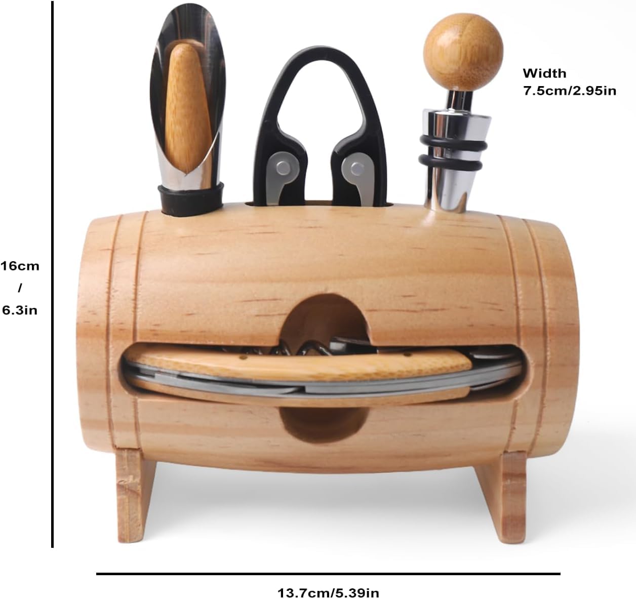 Weinzubehör Set mit Korkenzieher, Folienschneider, Ausgießer und Stopper - Elegantes Holzfass für Sommelier-Geschenke