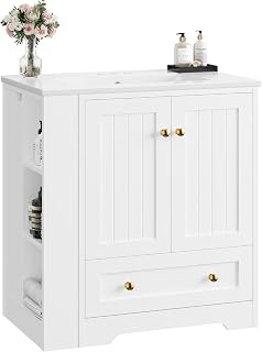 IRONCK 30 Inch White Bathroom Vanity with Ceramic Sink, Doors, Drawers & DIY Side Storage Cabinet - Modern Freestanding