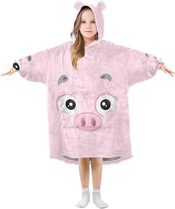 Kigai Happy Pig Wearable Blanket Hoodie,Double-Layer Flannel Soft Warm Sweatshirt Blanket for Men Women Kids
