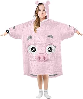 Kigai Happy Pig Wearable Blanket Hoodie,Double-Layer Flannel Soft Warm Sweatshirt Blanket for Men Women Kids